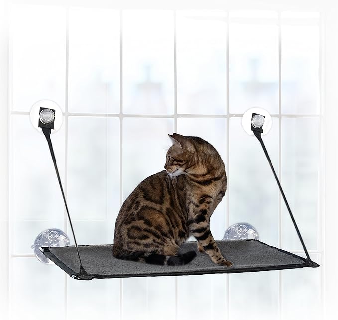K&H Pet Products EZ Mount Cat Window Perch for Large Cats, Sturdy Kitty Sill Window Hammock Bed, Steel Frame, Sturdy Suction Cups, Washable Shelf Cover, Foldable - Fits 27"W X 23"H Glass Spaces-Mewly Pet