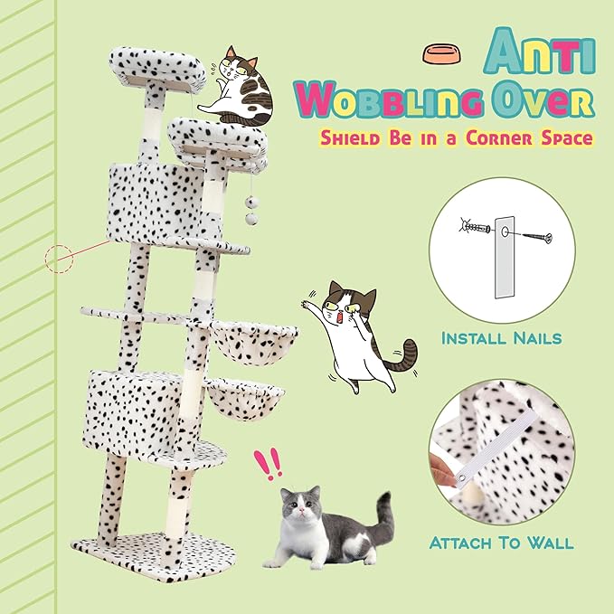 SHA CERLIN 73in Fan-Shaped Corner Cat Tower for Save Space/Multi-Level Tall Tree for Indoor Kitties/Condo with Baskets/Cozy Perches/Sisal Scratching Posts/Pet Activity House/White & Black Spot-Mewly Pet