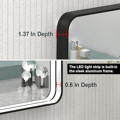 48x28 Inch LED Bathroom Mirror with Lights, Black Metal Framed LED Mirror for Bathroom, 3 Colors and Stepless Dimmable Wall Mounted Lighted Bathroom Vanity Mirror, Anti-Fog, Memory