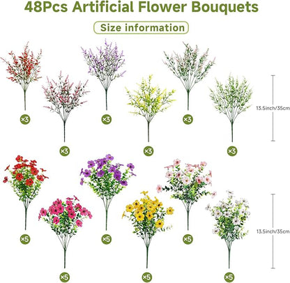 SHareconn 48 Bundles Artificial Flowers for Outdoors, Faux Plants Fake Silk Colorful Daisy Eucalyptus Lavender, UV Resistant for Outside Home Porch Patio Spring Decor, RedRosyPurpleYellowPinkWhite