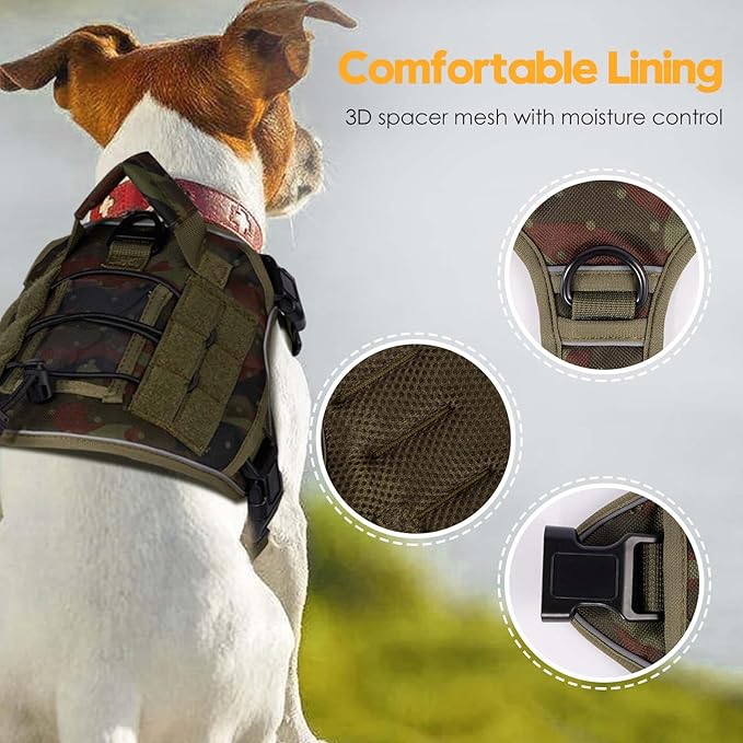 Heavy-Duty Tactical Dog Harness for Large Dogs, No Pull Adjustable Reflective Pet Vest with Molle System, K9 Military-Grade Control for Service Training, Outdoor & 10+ Breeds, Green Camo, Medium-Mewly Pet