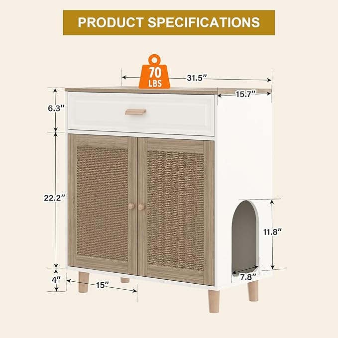 Cat Litter Box Enclosure Furniture Hidden Indoor 2-in-1 Wooden Cat House & Washroom Cabinet with Scratching Board Doors and Drawer, 31.5"x15.7"x34.6"H-Mewly Pet