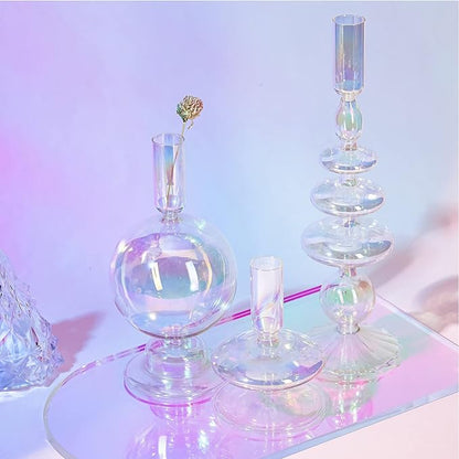 Rtteri 3 Pcs Glass Candlestick Holders Glass Candle Holders Groovy Wavy Elegant Taper Candle Stick for Wedding Home Birthday Party Christmas Halloween Decoration Windowsill Decor(Colorful)