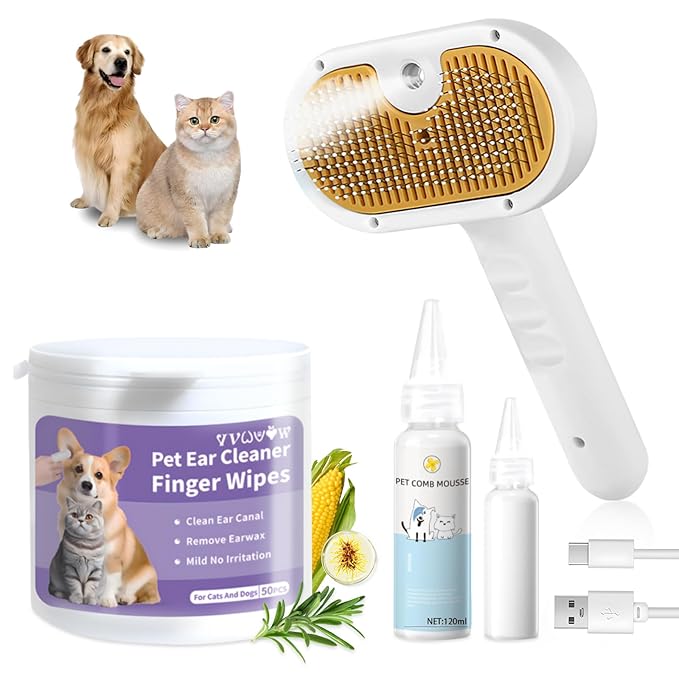 Pet Steam Brush for Dog & Cat – 3-in-1 Spray Hair Removal Comb – Steam Brush for Shedding & Grooming – Spritz Defur Comb – Includes Ear Wipes-Mewly Pet