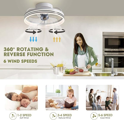 Ceiling Fans with Lights, 360° Rotating Ceiling Fan with Lights and Remote, 6 Wind Speeds Smart Flush Mount Ceiling Fan for Bedroom, Dining Room and Kitchen 20"