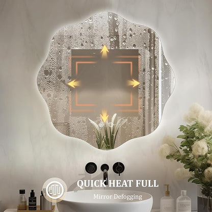 WallBeyond LED Bathroom Mirror with Lights, 20'' Wavy Round Light Up Bathroom Mirror, Anti Fog Led Mirror for Bathroom, 3 Colors and Dimmable Light