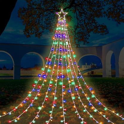 FUNIAO (New) Christmas Lights, Outdoor Christmas Decorations, 320 LED Waterfall String Lights, 8 Light Modes Chrsitmas Lights with 12" Star Tree Topper for Yard, Wedding, Party, New Year (Multicolor)