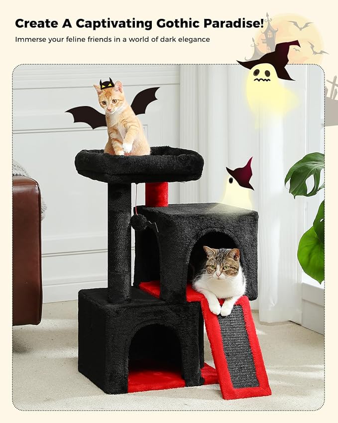 PAWZ Road Gothic Cat Tree, 30 Inches Black Cat Tower with Dual Condos for Indoor Cats, Spooky Cat House with Padded Perch, Scratching Ramp and Posts and Bat Toys-Mewly Pet