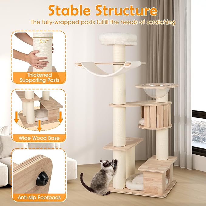 Tangkula 69” Tall Cat Tree, Multi-Layer Wood Cat Tower with Scratching Posts, Perch, Condo, Space Capsule, Hammock, Washable Cushions, Modern Cat Tree Tower for Indoor Cats Large Adult-Mewly Pet