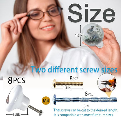 8Pack1.5 Rabbit with Flowers Ceramics Handle Knob Cute Safari Animal Decor Cabinet Dresser Drawer Knobs and Pulls