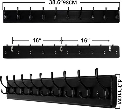 SKOLOO Large Black Wall Mounted Coat Rack - 38.6'' Long Coat Rack for Wall, Pine Solid Wood Coat Hook Hanger - 10 Hooks for Hanging Clothes Backpack Coats