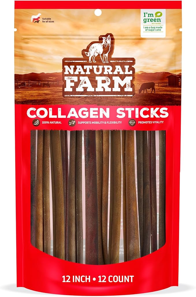 Natural Farm Odor-Free Collagen Chews, (12-Inch, 12-Pack), Long Lasting Bully Sticks & Rawhide Alternative Dog Treats, 95% Collagen, High Protein Best Dental Dog Treats – Medium & Large Dogs-Mewly Pet