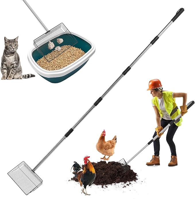 Chicken Coop Pooper Scooper, 36" to 67" Stainless Steel Long Handle Cat Litter Scoop, 5 Segment Extendable Dog Poop Scooper Long Handle, Pet Pooper Scooper for Chicken Dog Cat Manure Rabbit Manure-Mewly Pet