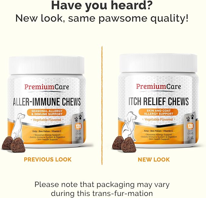 PREMIUM CARE Itch Relief for Dogs - 120 Allergy Chews for Dogs - Anti Itch Seasonal Support for Pets Itchy Skin Relief Skin Health Support with Colostrum, Vitamin C, Omega and Bee Pollen-Mewly Pet