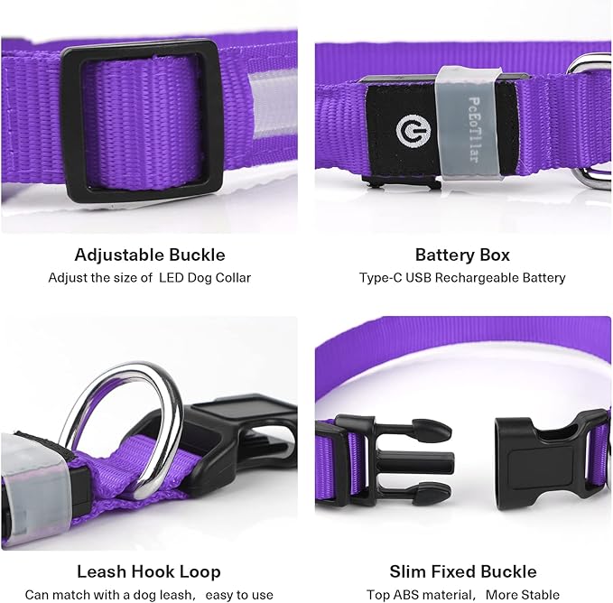 PcEoTllar Light up Dog Collar for Night Walking - LED Dog Collar Light Rechargeable Color Changing, Glow in The Dark Dog Collars Waterproof Glowing Dog Collars for Large Small Medium Dogs, Purple S-Mewly Pet