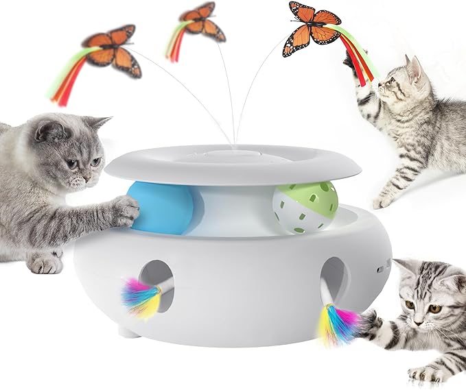 Cat Toys,3-in-1 Interactive Cat Toys for Indoor Cats,Rechargeable Automatic Interactive Cat Toy with Fluttering Butterfly,Smart Sensor 6 Holes Mice Whack-A-Mole and Track Balls, White-Mewly Pet