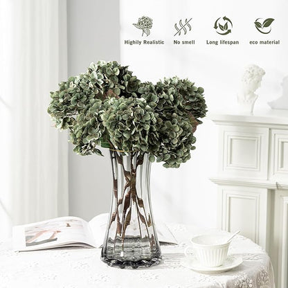Artificial Flower Fake Silk Hydrangea Heads Bouquet with Stems Bulk for Fall Decoration Table Center Christmas Indoor Outdoor Faux Floral Realistic with Leaves Plants Crafts 8PCS (Green)