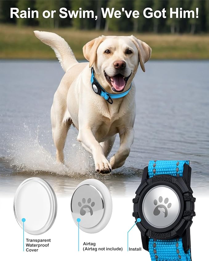TagME Airtag Dog Collar,Waterproof Reflective Pet Collar with Airtag Holder,Soft Padded and Double D-Rings for Large Dogs,Light Blue-Mewly Pet