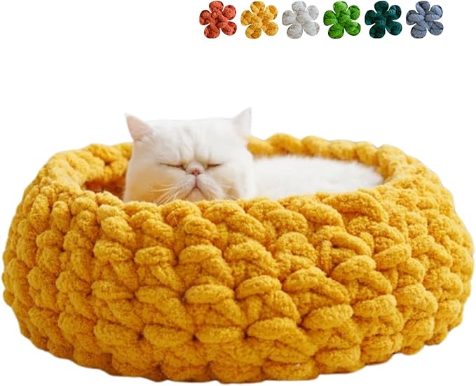 Cat Nest Bed – Premium Handwoven Washable Extra Soft Round Cave House for Indoor Kitten & Kitty, Small & Large (Persimmon Yellow,Medium)-Mewly Pet