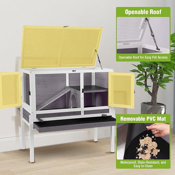 GUTINNEEN Indoor Guinea Pig Cage Rabbit Hutch with Chew-Proof Ramp, 2-Story Wooden Bunny House with Pull-Out Trays & Leakproof PVC Layer, Small Animal Cages with Detachable Legs (Gray)-Mewly Pet