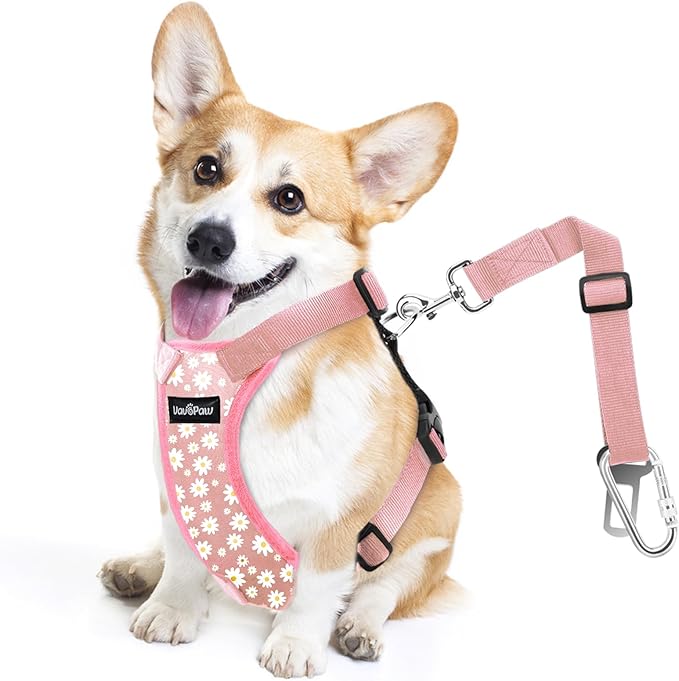 Dog Seat Belt, Safety Vest Dog Car Harness with Adjustable Buckle Dog Seat Belt for Vehicle Nylon Pet Safety Seat Belts Heavy Duty(S, Pink Daisy)-Mewly Pet
