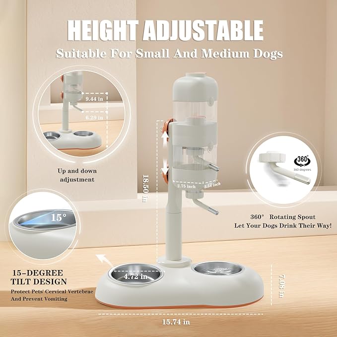 Pet Bowls,15°Tilted Puppy Food Bowls with Puppy Weaning Bottles,3 in 1 Height Adjustable Water Dispenser for Dogs,Pet Food Bowls for Ferrets,Cats,Rabbits and Small Sized Dogs(White)-Mewly Pet