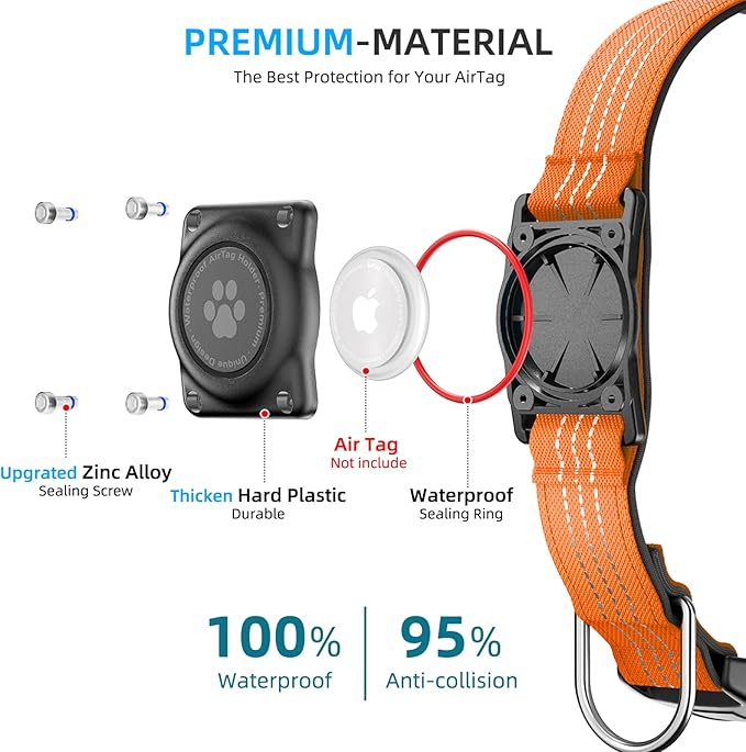 Upgraded AirTag Dog Collar, IP68 Waterproof Air Tag Dog Collar Holder, Reflective, Ultra-Durable, Comfortable Padded, Heavy Duty Dog Collars for Small Medium Large Dogs (XL (15.6"-22"), Orange)-Mewly Pet