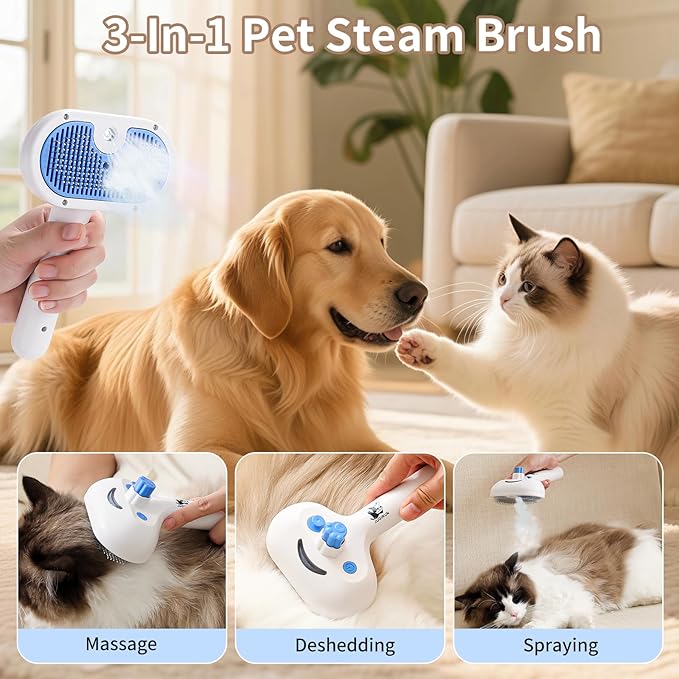 Cat Steam Brush for Shedding,3 In 1 Steam Brush for Dogs & Cats,Spray Hair Removal Comb,Includes Waterless Shampoo,Suitable for Long-haired and Short-haired Pets-Mewly Pet