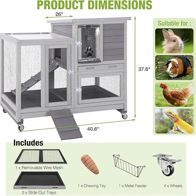 GUTINNEEN Indoor Rabbit Hutch Guinea Pig Cages with Chew-Proof Ramp, 2-Story Wooden Bunny House with Pull-Out Tray & Lockable Caster Wheels, Small Animal Cage for 2-4 Rabbits & Guinea Pigs (Grey)-Mewly Pet