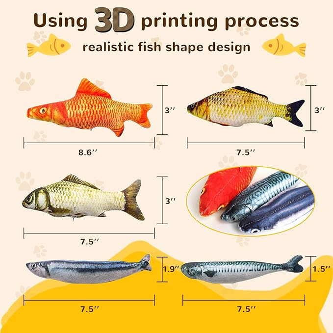 Catnip Toys 5 Pack - Simulation Fish Shape Realistic Fluffy Catnip Doll Interactive Pets Pillow Chew Bite Supplies for Cat Kitten Kitty-Mewly Pet