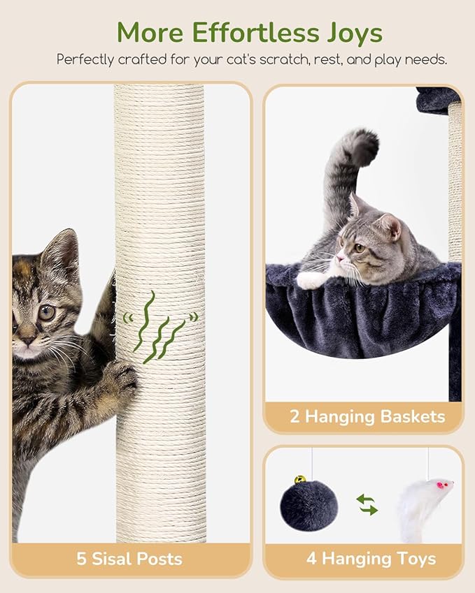 Globlazer Heavy Duty Cat Tree Tower, 73in Tall Cat Tree for Indoor Cats Large Adult, Cat Condo for Large Cats with 5 Scratching Posts, 2 Cat Caves, 2 Padded Perches, 2 Hanging Baskets, F73, Dark Gray-Mewly Pet