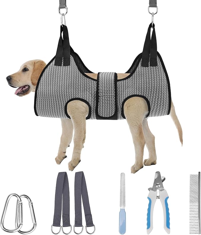PAWCHIE Dog Grooming Hammock Harness for Dogs & Cats with Pet Nail Clipper Trimmer- Breathable Cat Hanger Sling for Trimming Clipping Nails-Dog Hammock Restraint Bag for Small Medium Large Dog, Grey M-Mewly Pet