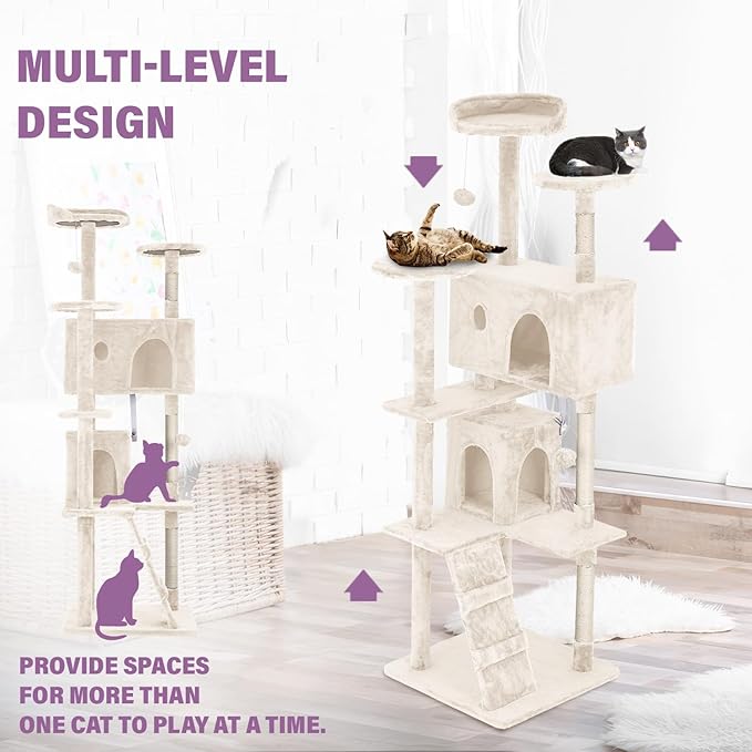 70 Inches Cat Tower for Indoor Cats Multi-Level Cat Condos XL Cat Tree Climbing Tower with Scratching Posts, Hanging Toys, Beige-Mewly Pet