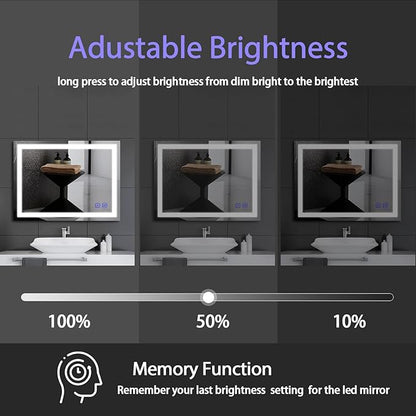 36"x28" LED Bathroom Mirror with Lights Large Wall-Mounted Vanity LED Mirror Smart Lighted Makeup Mirror Stepless Dimmable, Adjustable Brightness,Touch Screen Button,Anti-Fog,Memory Function