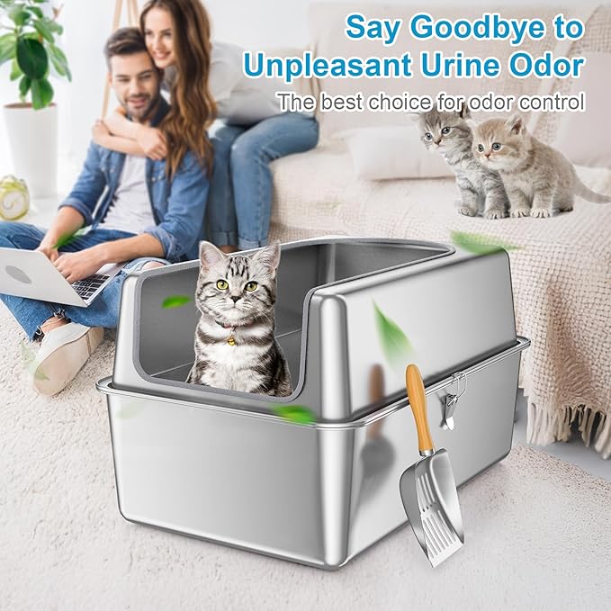 14'' High Sides XXL All Stainless Steel Cat Litter Box with Lid,XL Deep Metal Litter Box for Big Cats,Extra Large Litter Boxes with High Wall Enclosure,Anti-Leakage,Never Absorbs Odors,Non-Sticky-Mewly Pet
