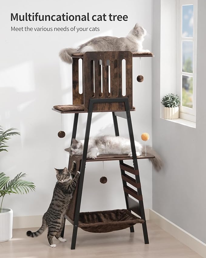 FourFurPets Modern Cat Tree, 58-Inch Cat Tower for Large Cats, Maine Coon Cat Tree with Scratching Board, Large Perch, Hammock and Removable Pads, Rustic Brown-Mewly Pet