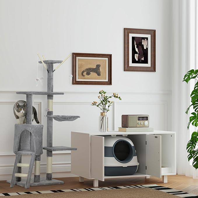 PawHut Cat Litter Box with Lid, Covered Litter Box w/High Sides, Air Freshener, Large Two-Way Entrance Kitty Toilet, Foldable, Easy Clean, White-Mewly Pet