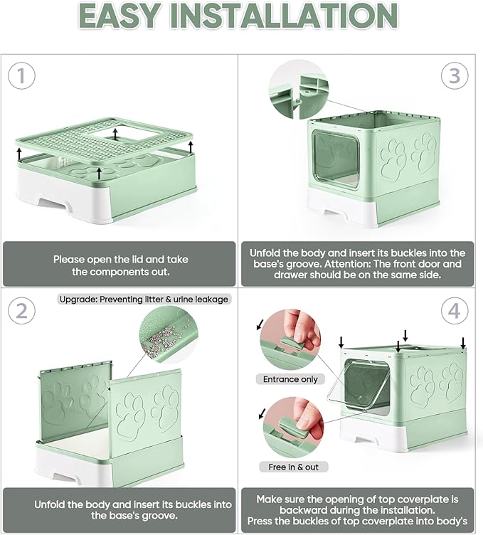 Cat Litter Box with X-Large Litter Mat and Scoop, Large Foldable Litter Box with Lid, Enclosed Kitty Box,Front Top Entry Exit, Odor Control Easy to Clean (Upgrade Green)-Mewly Pet
