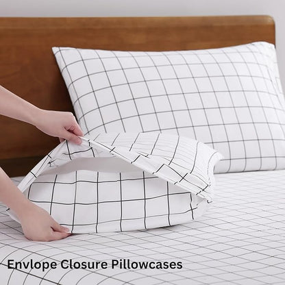 LANE LINEN 100% Organic Cotton Full Size Bed Sheets, Eco Friendly Fully Elasticized Okeo Tex Certified Printed Cotton Sheets Full, Percale Weave Soft & Comfy Comes in Variety of Prints - Windowpane