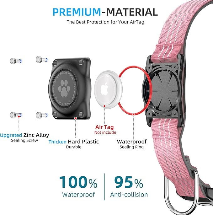 Upgraded AirTag Dog Collar, IP68 Waterproof Air Tag Dog Collar Holder, Reflective, Ultra-Durable, Comfortable Padded, Heavy Duty Dog Collars for Small Medium Large Dogs (XL (15.6"-22"), Pink)-Mewly Pet