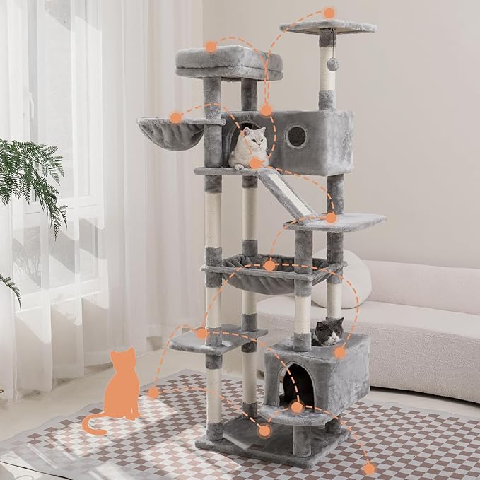 73 inches Large Cat Tree for Indoor Cats, Tall Cat Tower with Sisal Scratching Posts and Pads, Padded Plush Perch, Cozy Basket, Plush Condo for Large Cats (Grey)-Mewly Pet