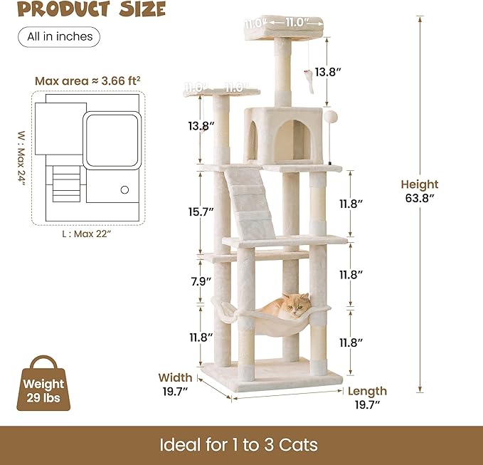 MWPO 63.8 inches Multi-Level Cat Tree for Large Cats with Sisal-Covered Scratching Posts, Padded Platform, Hammock and Condo,Stable Cat Tower Cat Condo Pet Play House-Beige-Mewly Pet