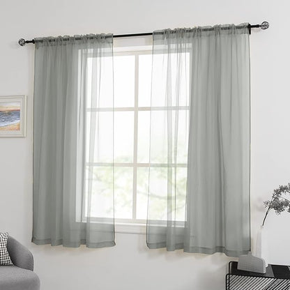 HUTO Sage Grey Sheer Window Curtains 52 by 63 Inch Length Rod Pocket Window Sheer Panels Drapes 2 Panels Curtains for Bedroom Living Room Nursery