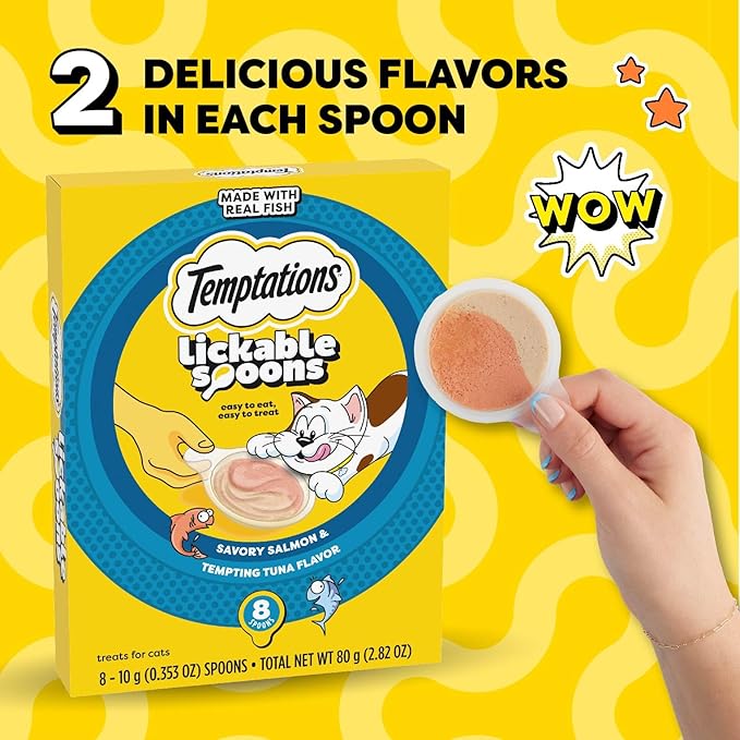 Temptations Lickable Spoons Adult Wet Cat Treat, Savory Salmon and Tempting Tuna Flavor, 8 Spoons, Pack of 12 (96 Total)-Mewly Pet