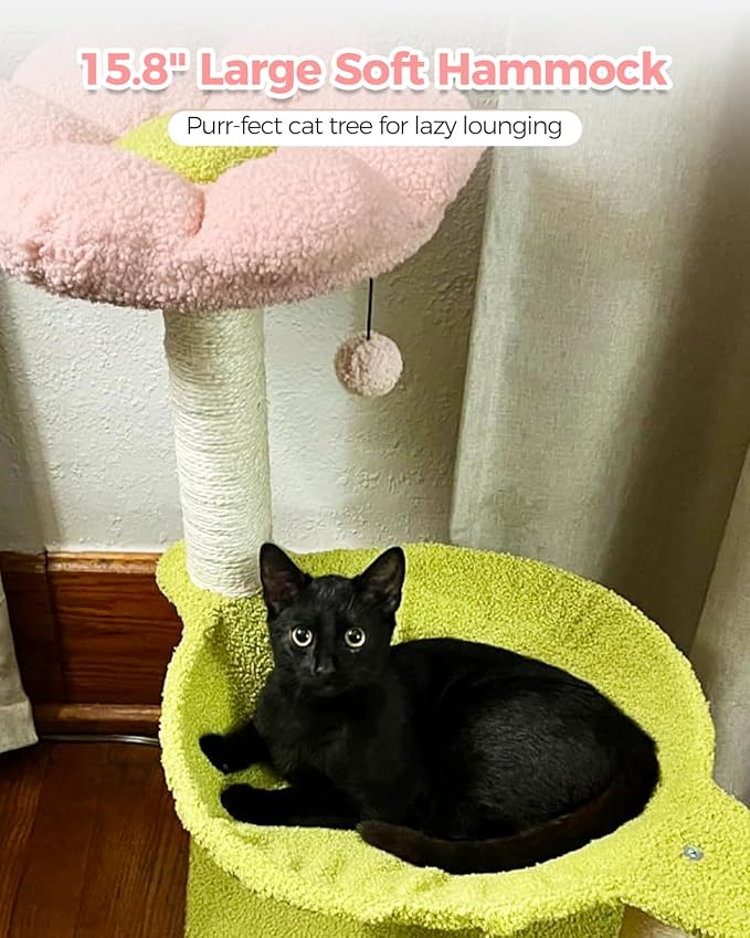 Flower Cat Tree, 28" Cat Tower with Cozy Flower Perch, Large Hammock for Indoor Small Cats, Cute Cat Tree with Sisal Scratching Post and Fur Toy Ball for Kittens, Pink-Mewly Pet