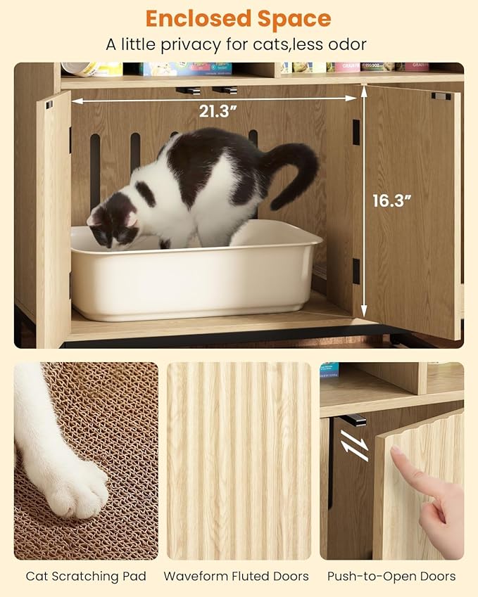 Cat Litter Box Enclosure, Large Hidden Pet Storage Cabinet Furniture with Waveform Fluted Doors & Scratching Pad, Modern Wooden Cat House Indoor for Washroom, Living Room, Bedroom, Natural-Mewly Pet