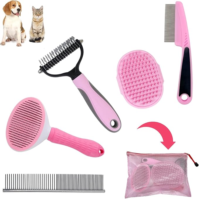 Dog Grooming Kit - Deshedding Brush for Short Hair, Slicker Brush, Flea Comb, Puppy Brush Set in Pink-Mewly Pet