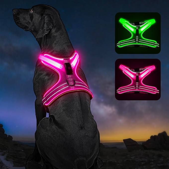 Light Up Dog Harness, Rechargeable LED Dog Harness with Battery Level Indicator, Adjustable Reflective Safety Vest for Night Walking, Soft Mesh Lighted Harness for Medium Large Dogs(5-90lbs)-Mewly Pet