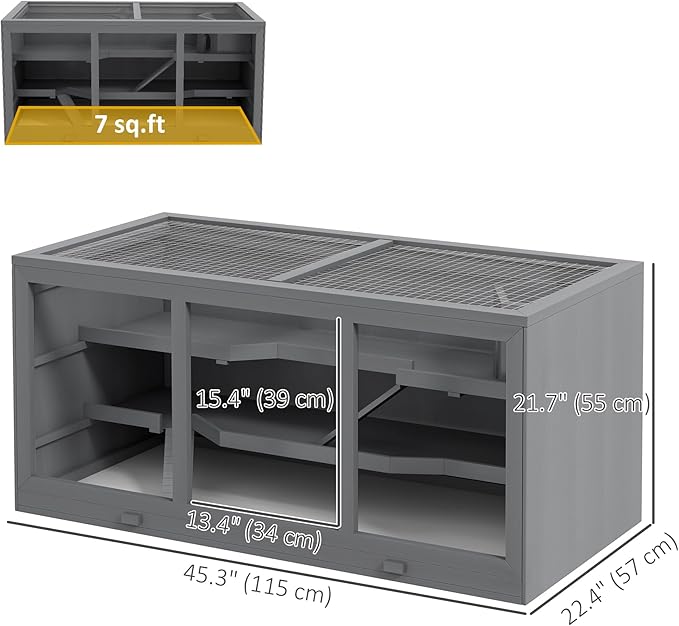 PawHut 45" Extra Large Wooden Hamster Cage, 3-Layer Chewproof Rat Cage with Opening Roof, Hut, Ramps, for Gerbil, Dwarf & Syrian Hamsters, Gray-Mewly Pet