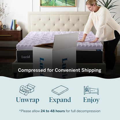 LUCID Lavender Infused 3 Inch Memory Foam Mattress Topper with 5 Zones – King Size – Plush Feel – CertiPUR Certified – Dorm Room Essentials